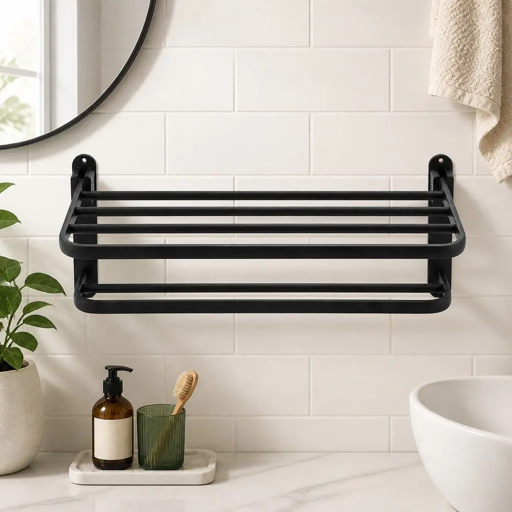 Wall Mounted Towel Rack Bathroom 2 Bar Storage Shelf Black Foldable Rail Holder