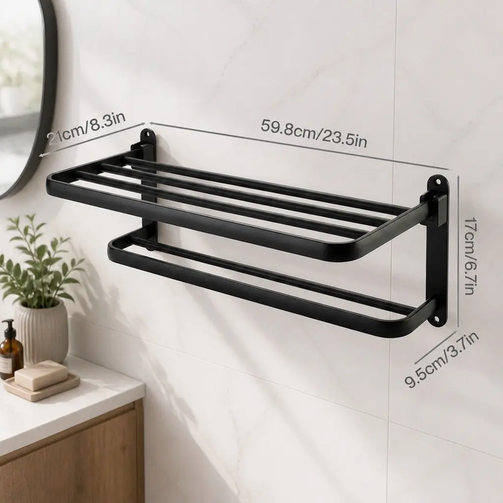 Wall Mounted Towel Rack Bathroom 2 Bar Storage Shelf Black Foldable Rail Holder