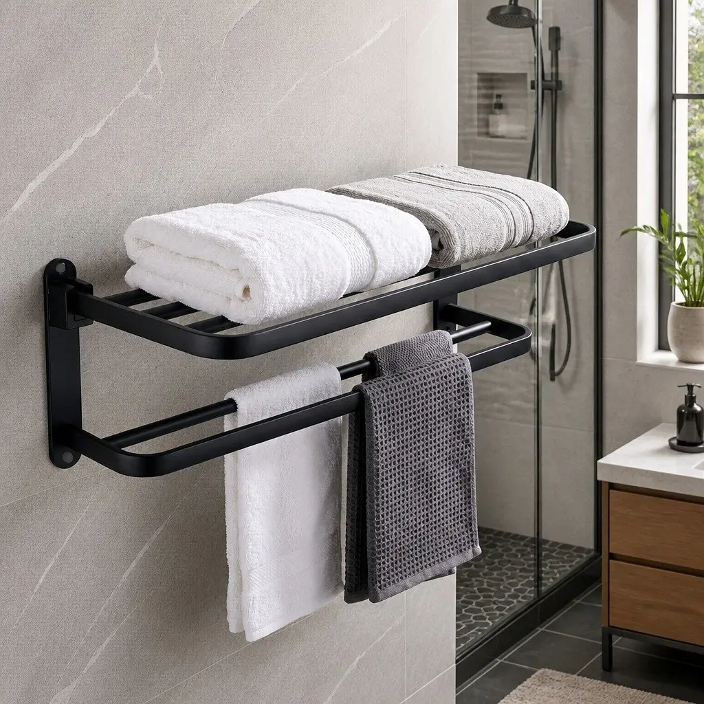 Wall Mounted Towel Rack Bathroom 2 Bar Storage Shelf Black Foldable Rail Holder