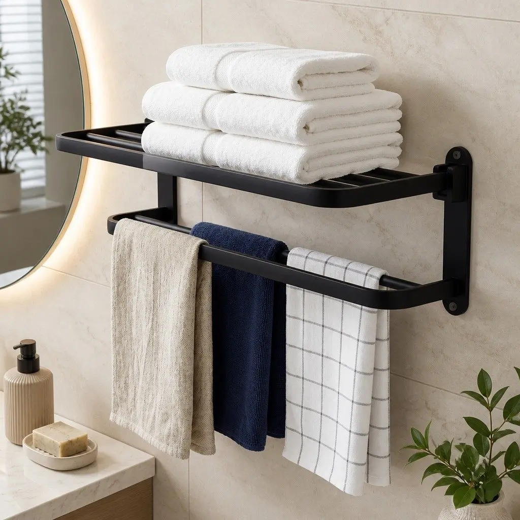Wall Mounted Towel Rack Bathroom 2 Bar Storage Shelf Black Foldable Rail Holder
