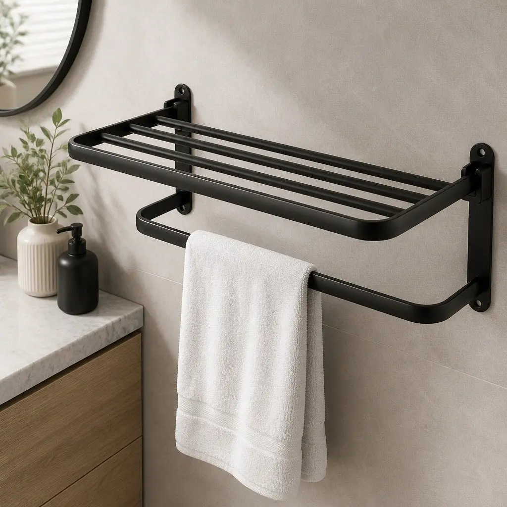 Wall Mounted Towel Rack Bathroom 2 Bar Storage Shelf Black Foldable Rail Holder