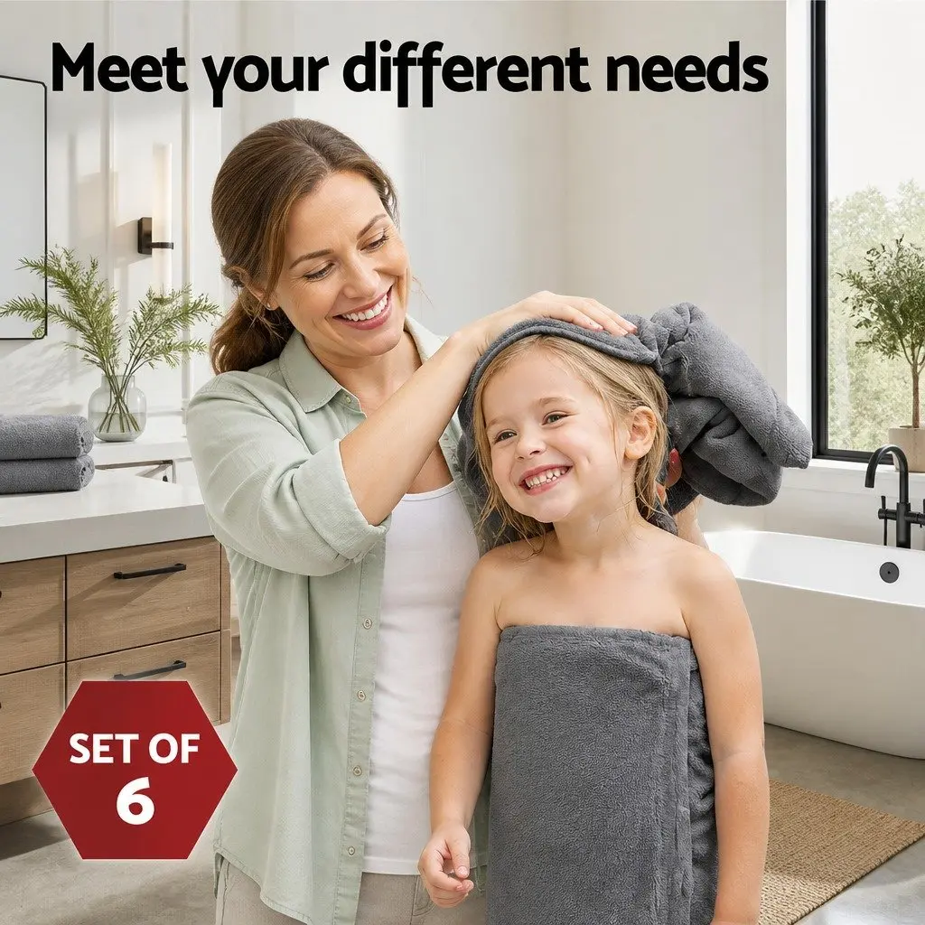Bath Towels Set Cotton Grey 6 Piece 2 Bath 2 Hand 2 Washcloths