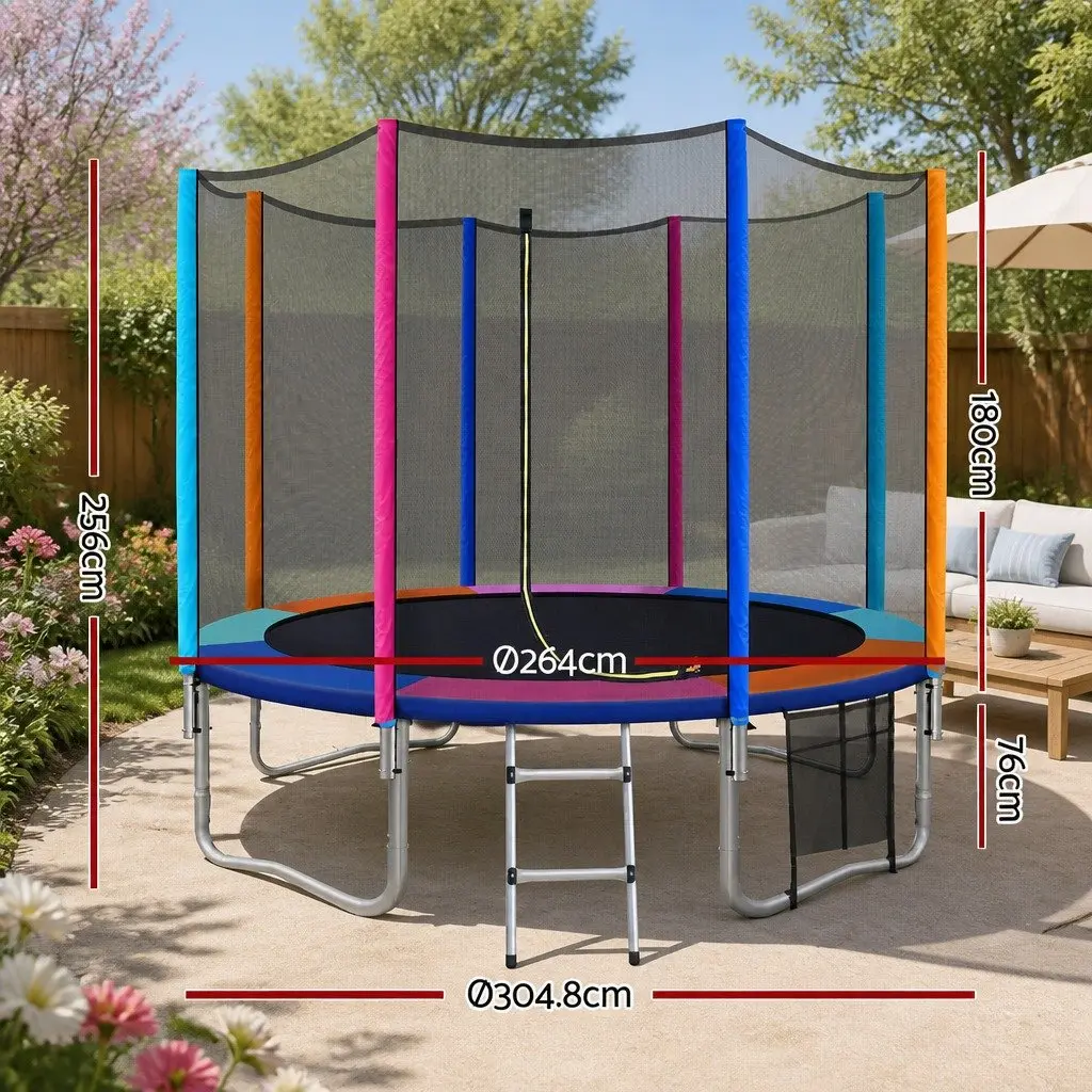 10FT Trampoline Kids Outdoor Rebounder with Safety Enclosure Net Ladder Rainbow