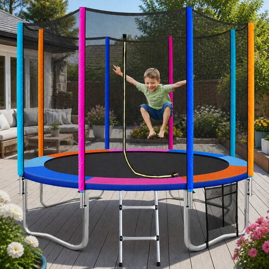 10FT Trampoline Kids Outdoor Rebounder with Safety Enclosure Net Ladder Rainbow