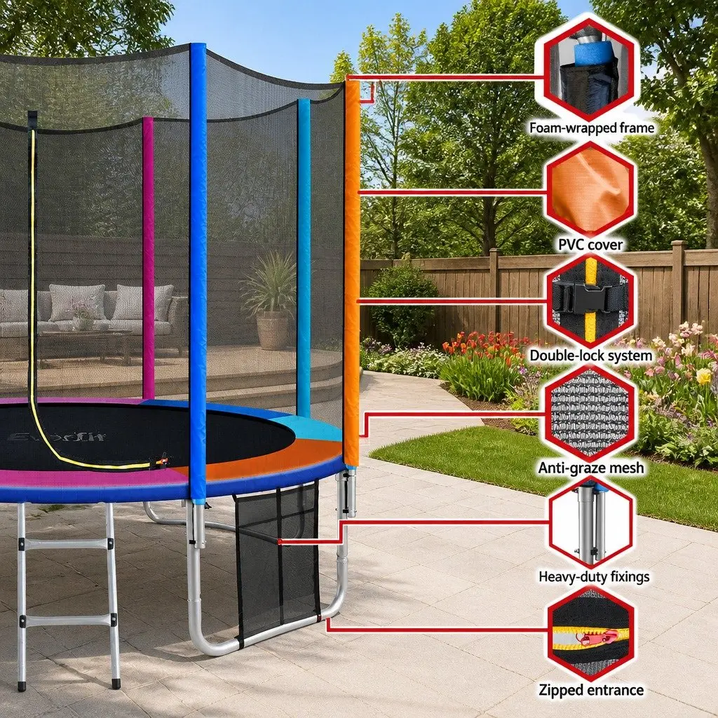 10FT Trampoline Kids Outdoor Rebounder with Safety Enclosure Net Ladder Rainbow