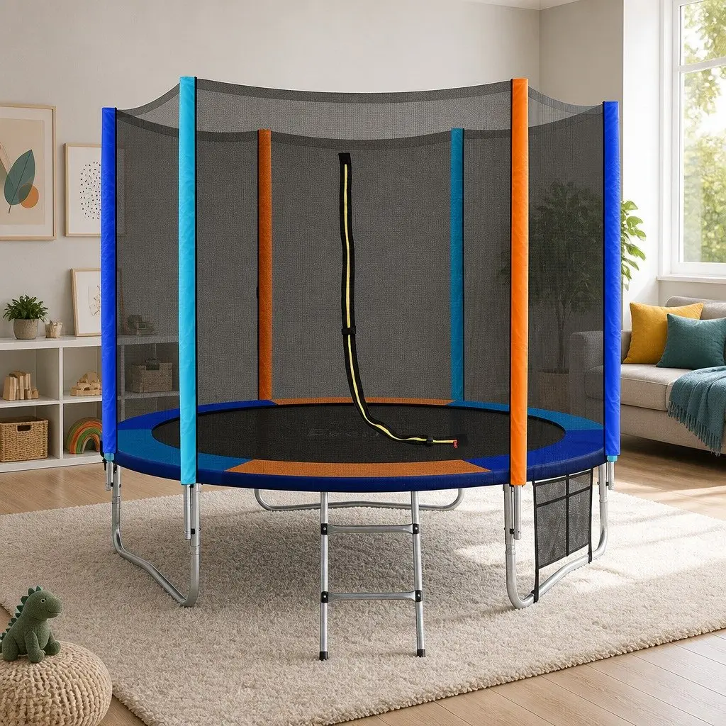 8FT Trampoline Round Bouncer for Kids with Safety Enclosure Net Ladder Rainbow