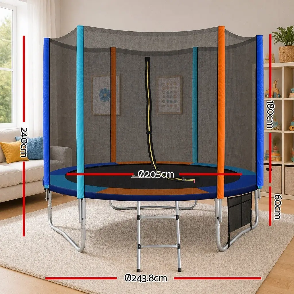 8FT Trampoline Round Bouncer for Kids with Safety Enclosure Net Ladder Rainbow