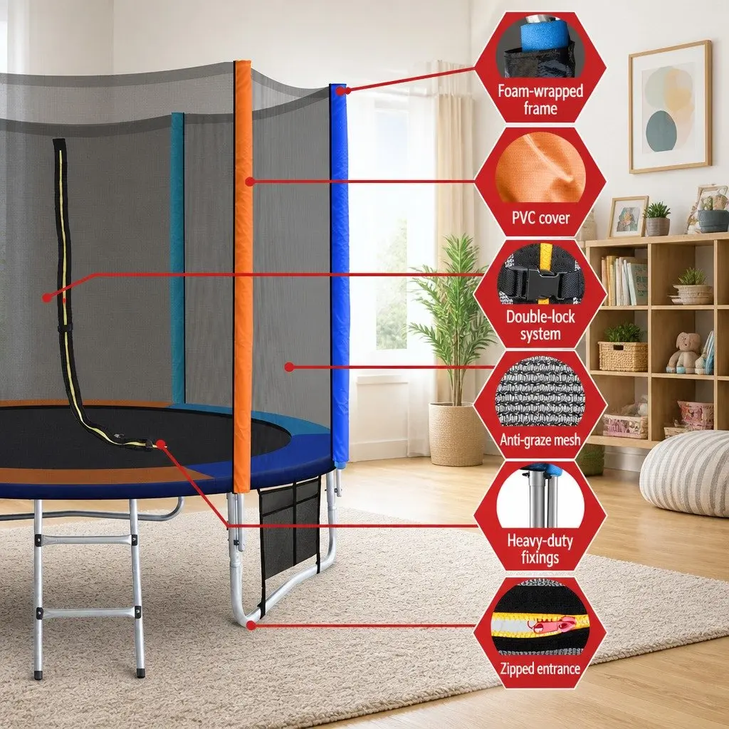 8FT Trampoline Round Bouncer for Kids with Safety Enclosure Net Ladder Rainbow