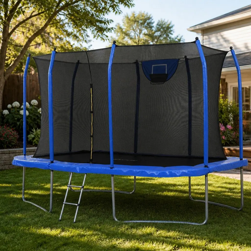 12FT Rectangle Trampoline Kids Rebounder Basketball Set Enclosed Safety Net