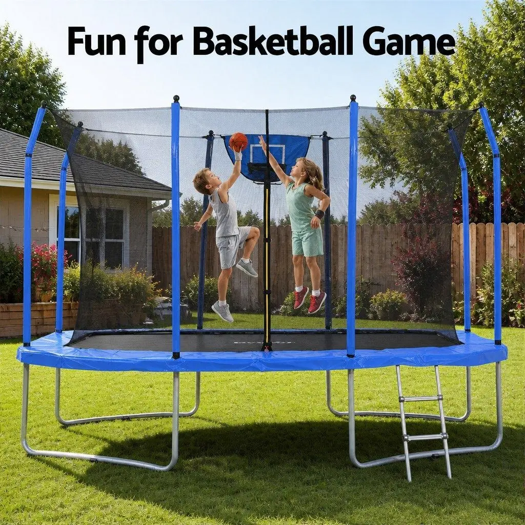 12FT Rectangle Trampoline Kids Rebounder Basketball Set Enclosed Safety Net