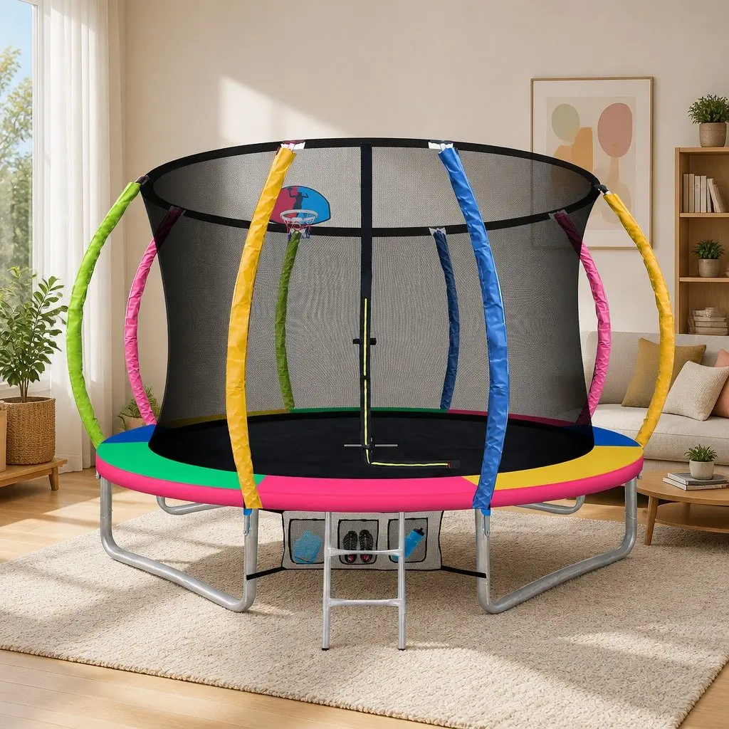 Kids Trampoline 10FT Outdoor Bouncing with Safety Enclosure Net Integrated Ladder Multi-coloured