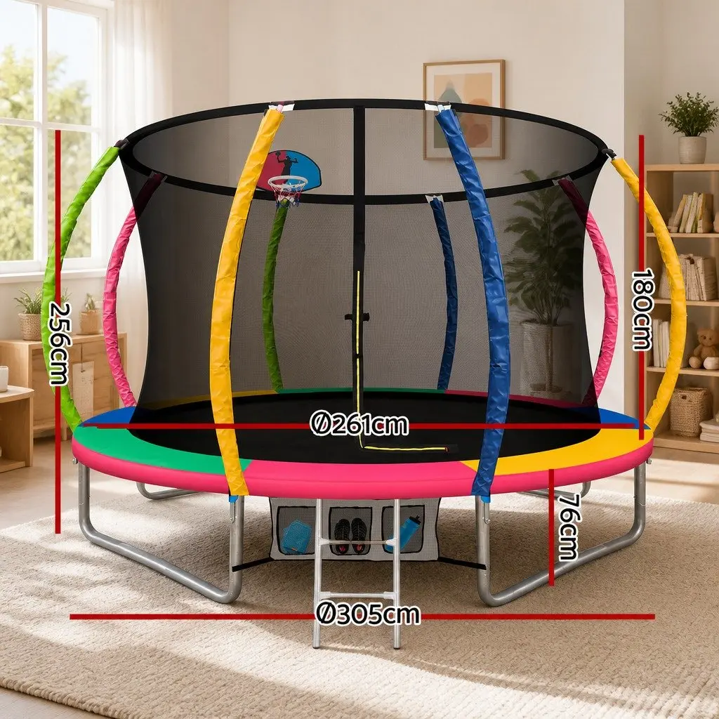 Kids Trampoline 10FT Outdoor Bouncing with Safety Enclosure Net Integrated Ladder Multi-coloured