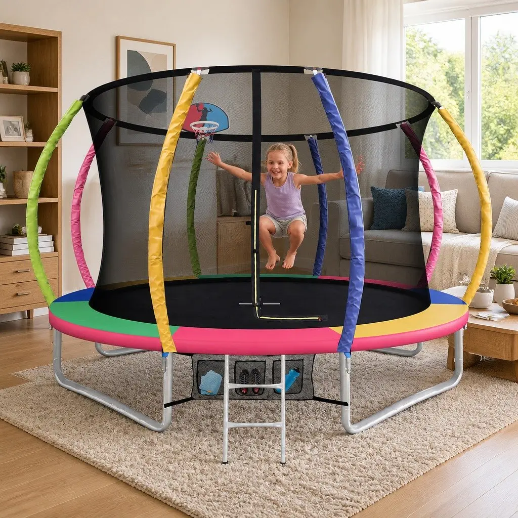 Kids Trampoline 10FT Outdoor Bouncing with Safety Enclosure Net Integrated Ladder Multi-coloured