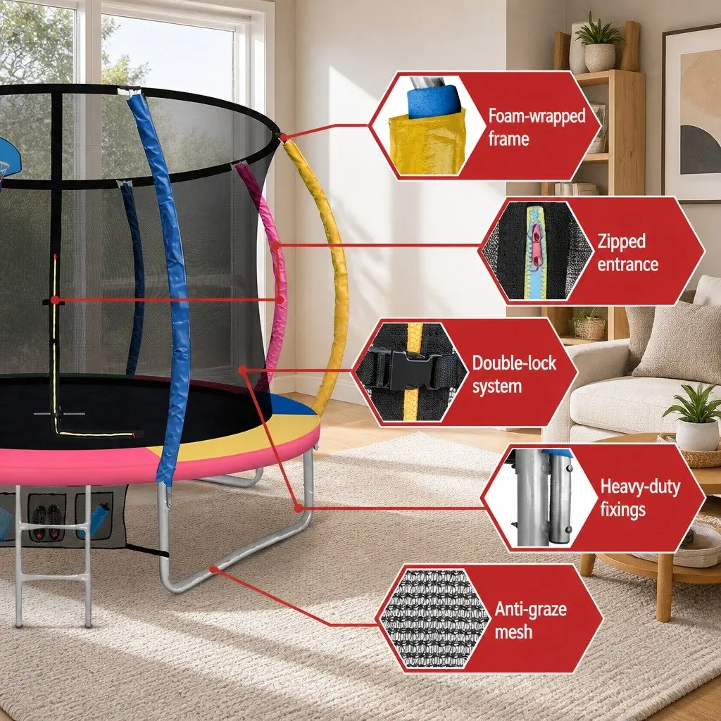 Kids Trampoline 10FT Outdoor Bouncing with Safety Enclosure Net Integrated Ladder Multi-coloured