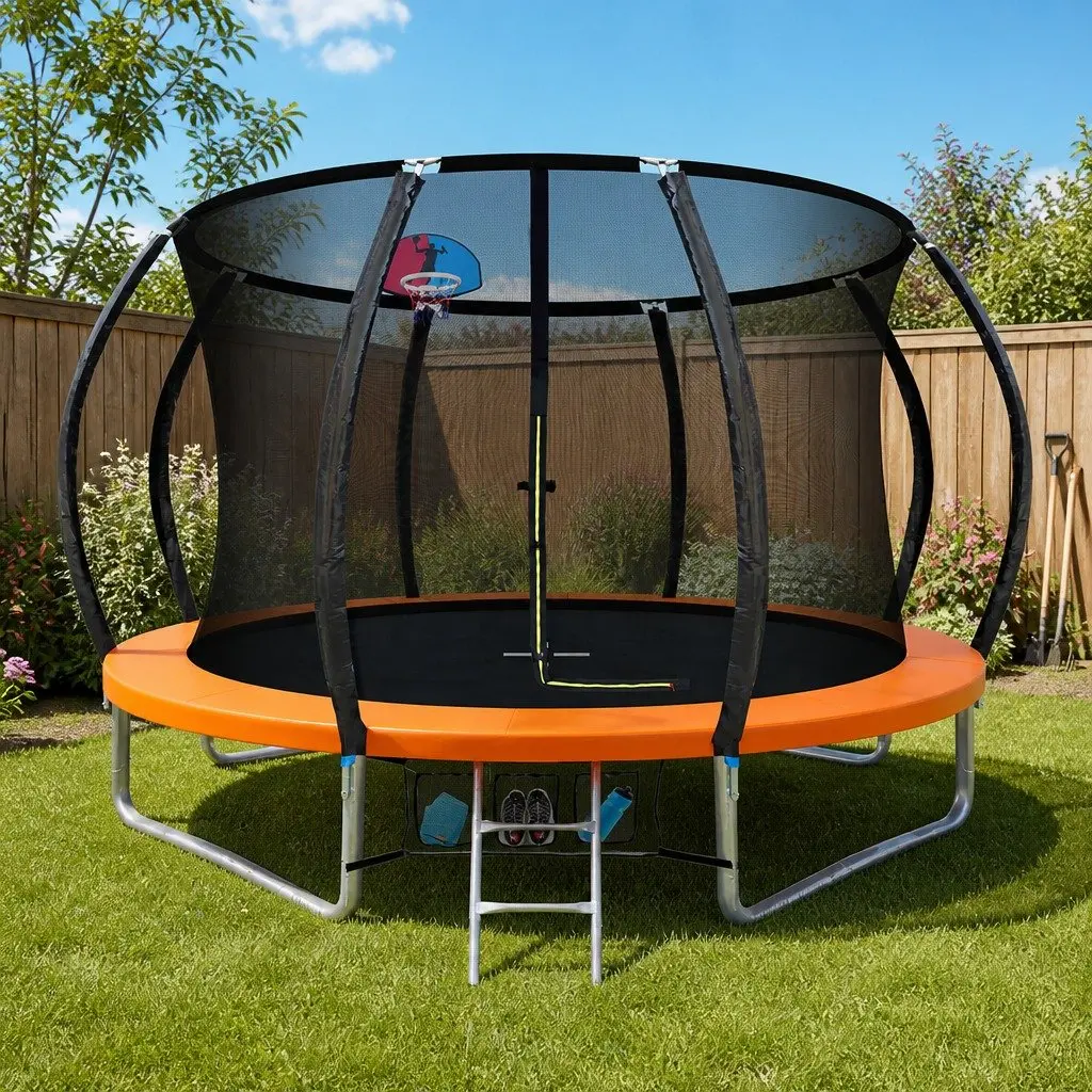 10FT Trampoline Kids Jumping Rebounder Orange with Safety Net Ladder Enclosure