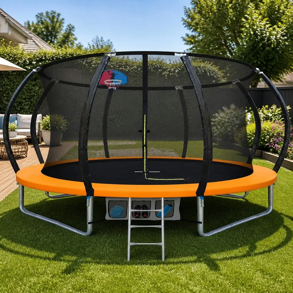12FT Trampoline for Kids Outdoor Play with Safety Enclosure Net Ladder Basketball Set