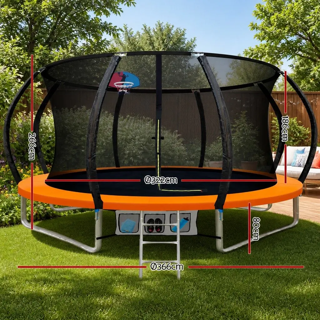 12FT Trampoline for Kids Outdoor Play with Safety Enclosure Net Ladder Basketball Set