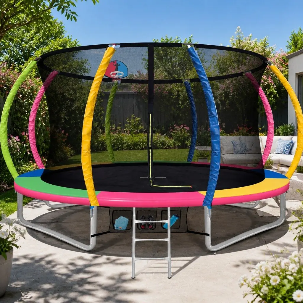 Trampoline for Kids Outdoor Play 14ft with Safety Net Basketball Hoop Ladder Multicoloured
