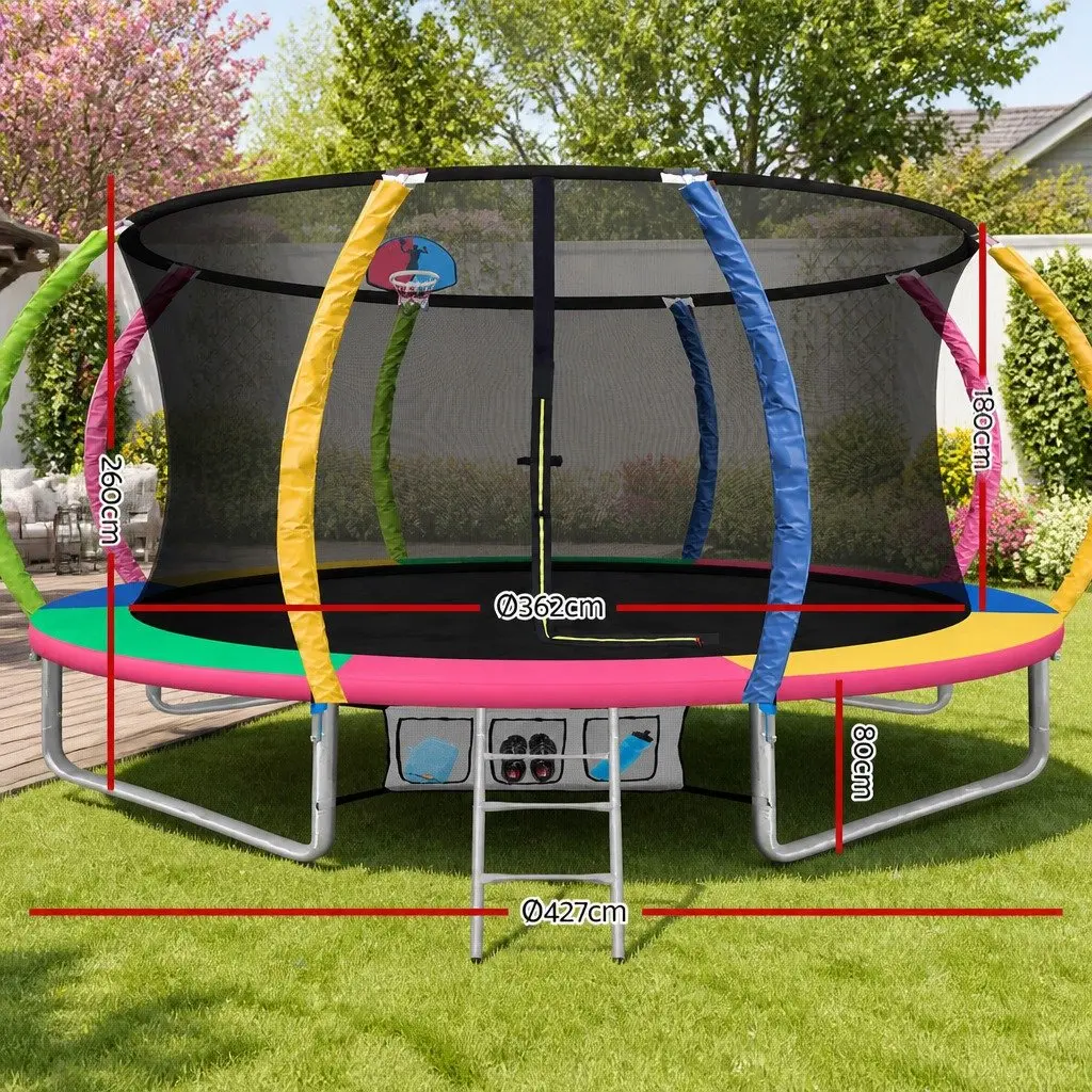 Trampoline for Kids Outdoor Play 14ft with Safety Net Basketball Hoop Ladder Multicoloured