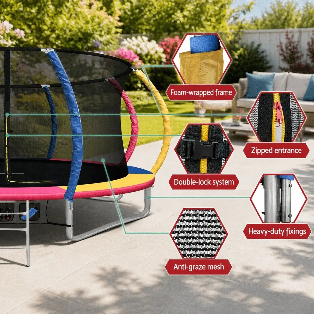 Trampoline for Kids Outdoor Play 14ft with Safety Net Basketball Hoop Ladder Multicoloured