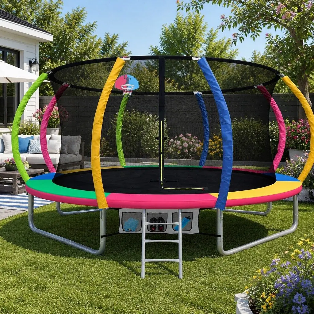 Trampoline for Kids Outdoor Play 14ft with Safety Net Basketball Hoop Ladder Multicoloured