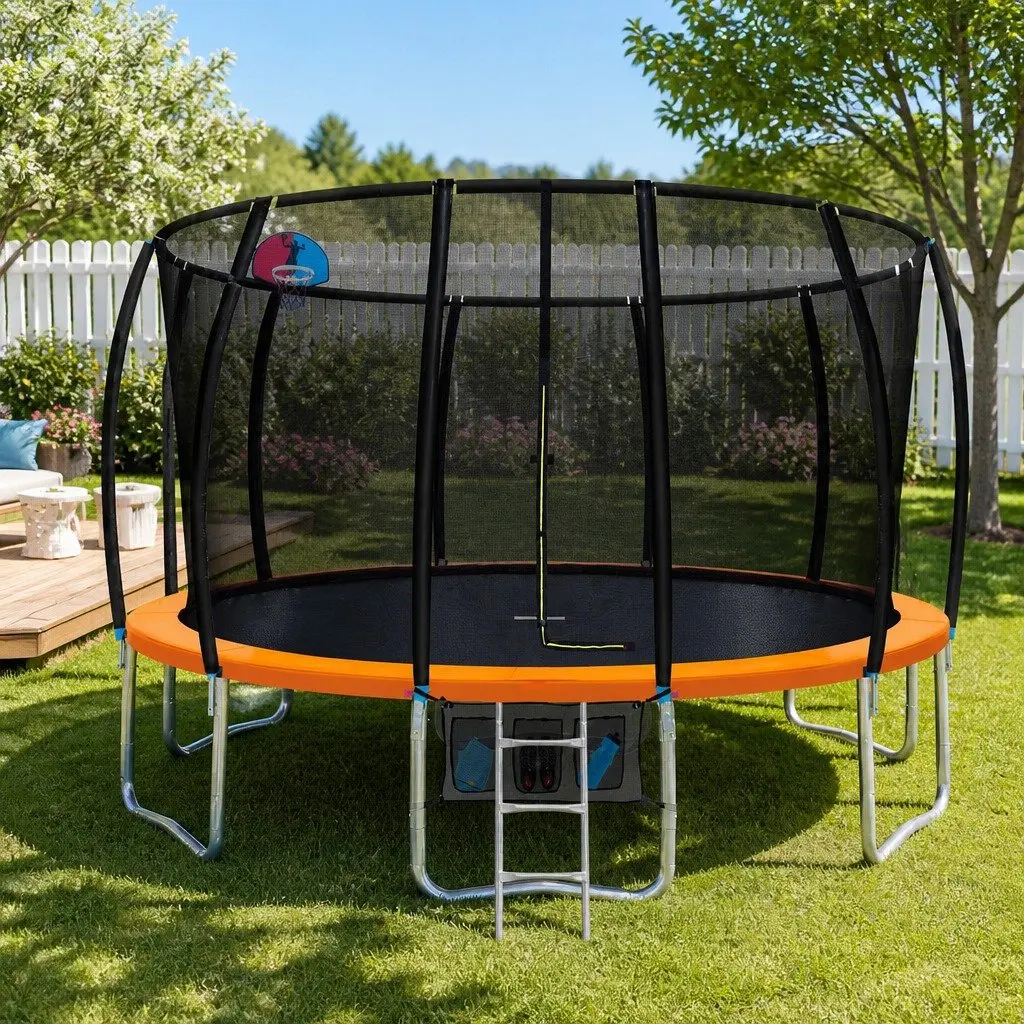 16FT Trampoline for Kids Outdoor Play with Safety Net Ladder Basketball Hoop Orange