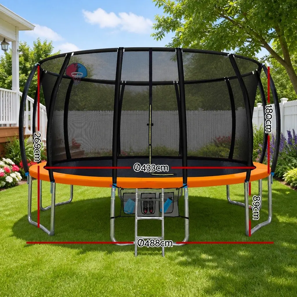 16FT Trampoline for Kids Outdoor Play with Safety Net Ladder Basketball Hoop Orange