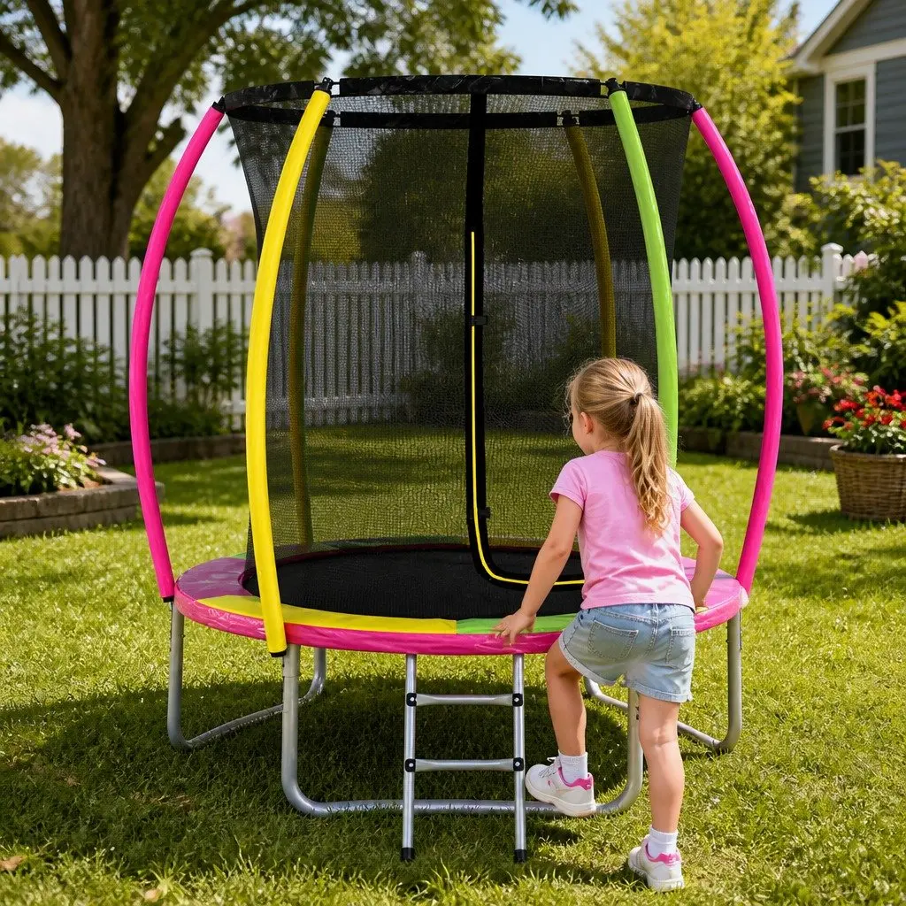 6ft Round Trampoline for Kids Outdoor Play with Enclosed Safety Net Multicolour