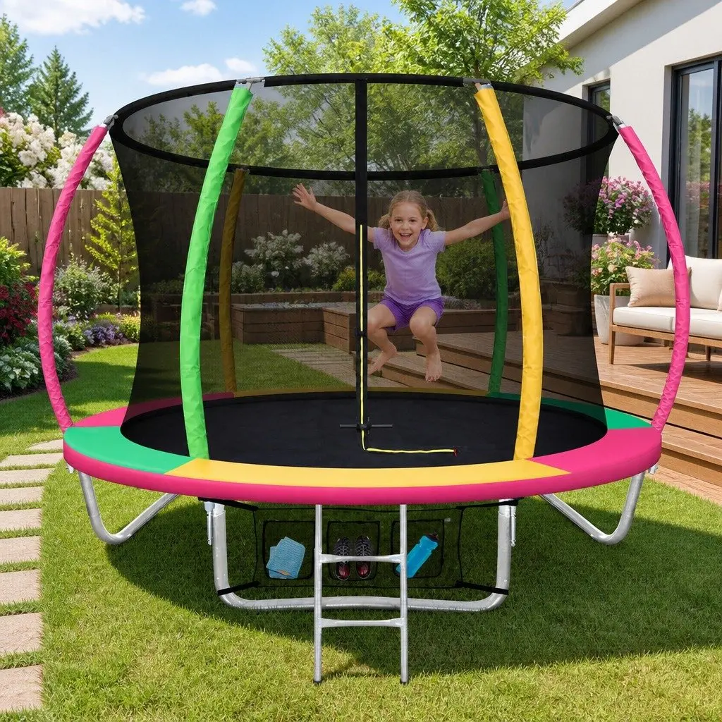 8FT Trampoline for Kids Outdoor Play with Safety Enclosure Net and Ladder Multi-Coloured
