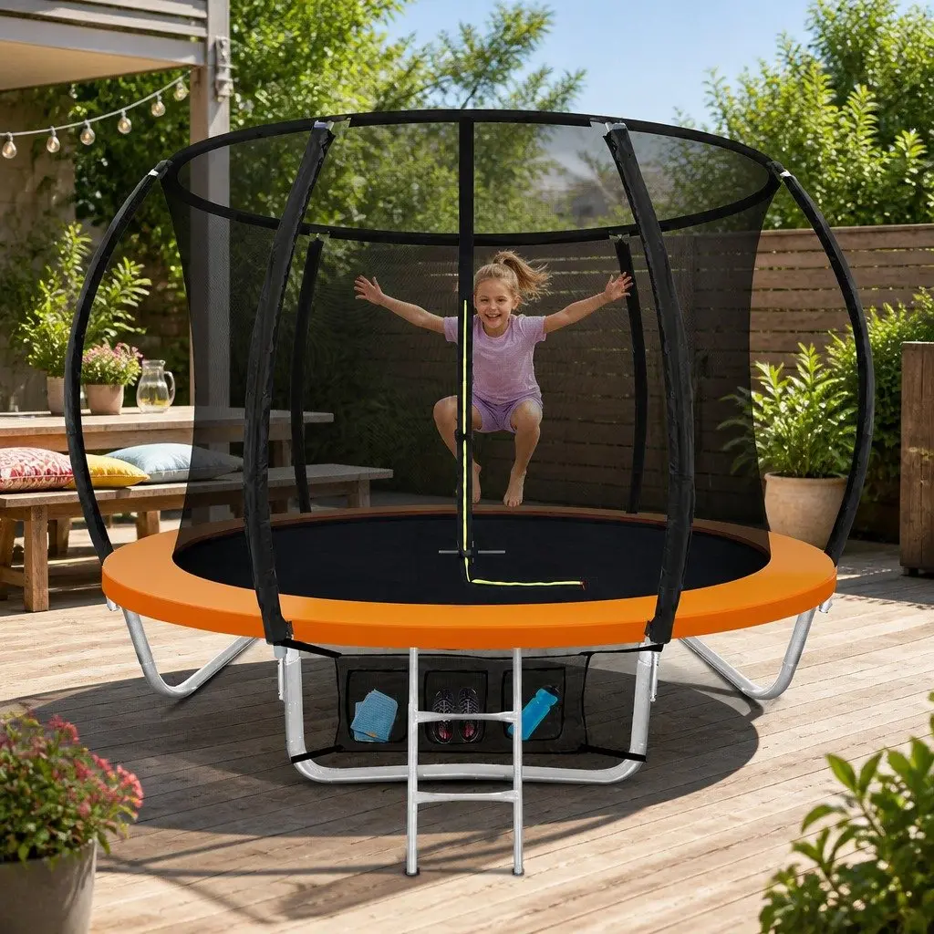 8FT Kids Trampoline Outdoor Bouncing Safety Net Enclosure Ladder Orange