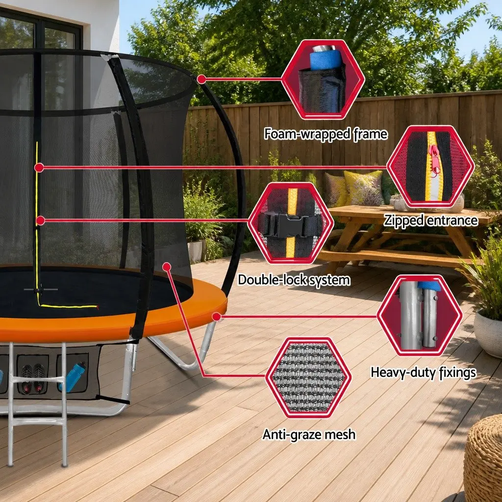 8FT Kids Trampoline Outdoor Bouncing Safety Net Enclosure Ladder Orange