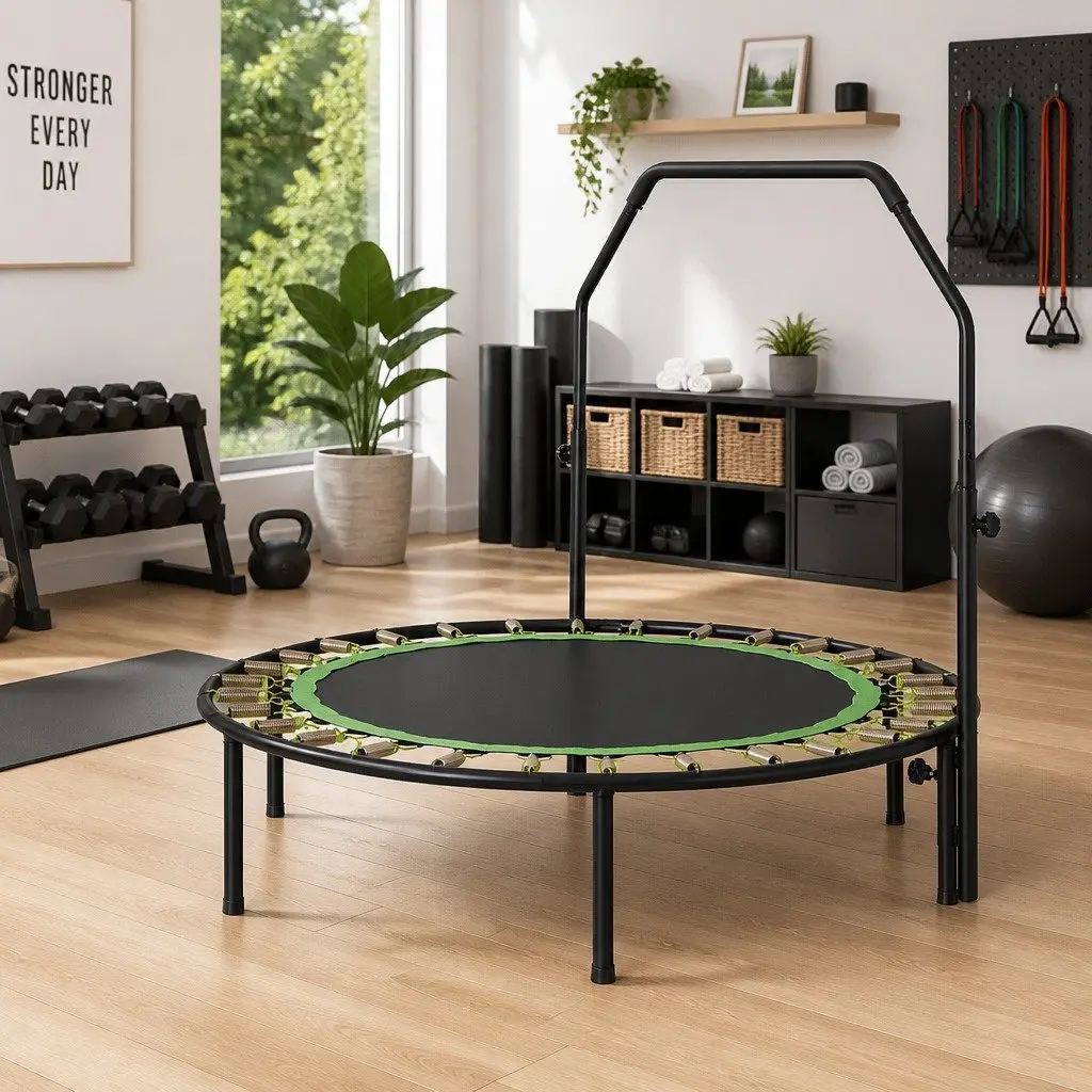 Round Fitness Trampoline 48 Inch Home Gym Exercise Adjustable Handrail Black Green