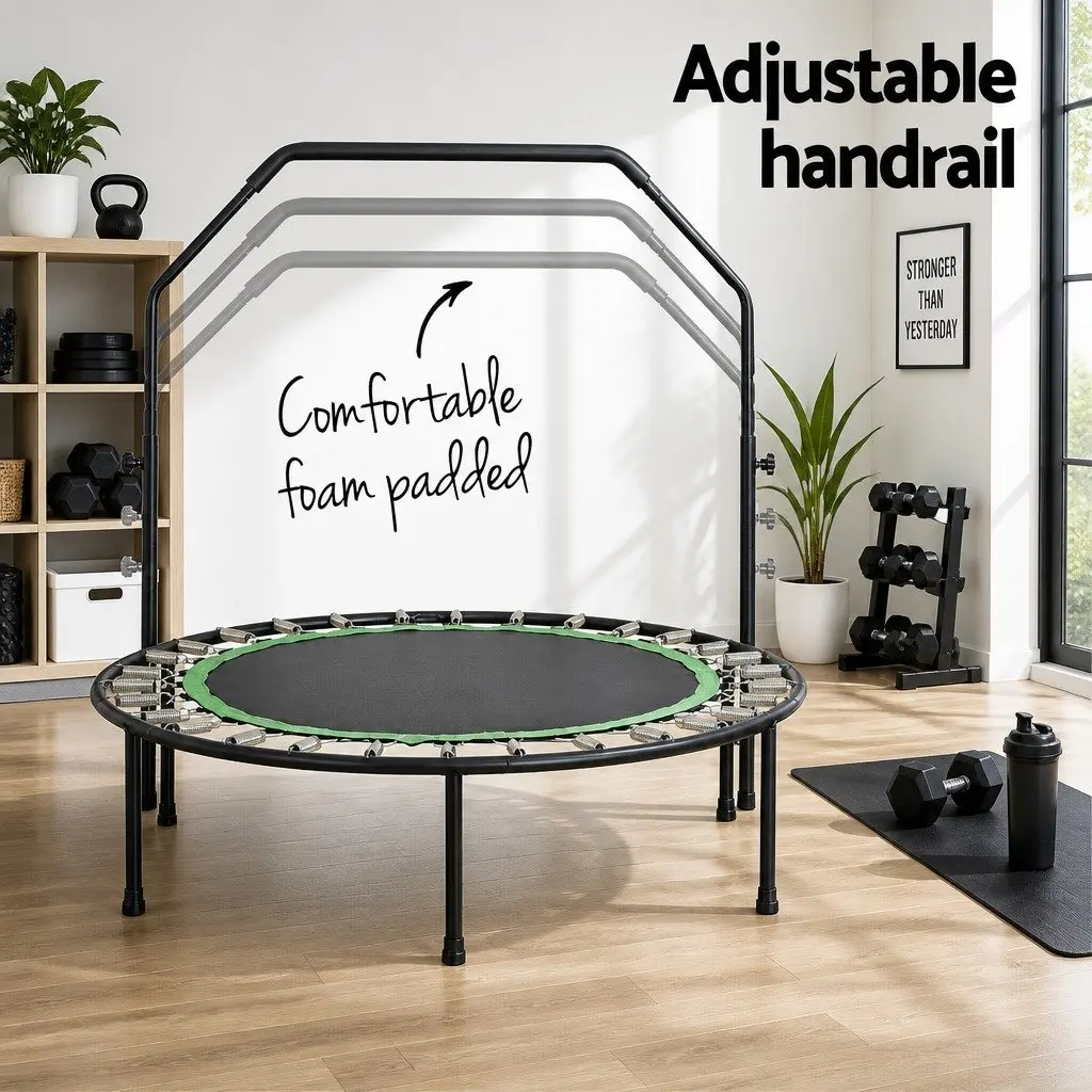 Round Fitness Trampoline 48 Inch Home Gym Exercise Adjustable Handrail Black Green