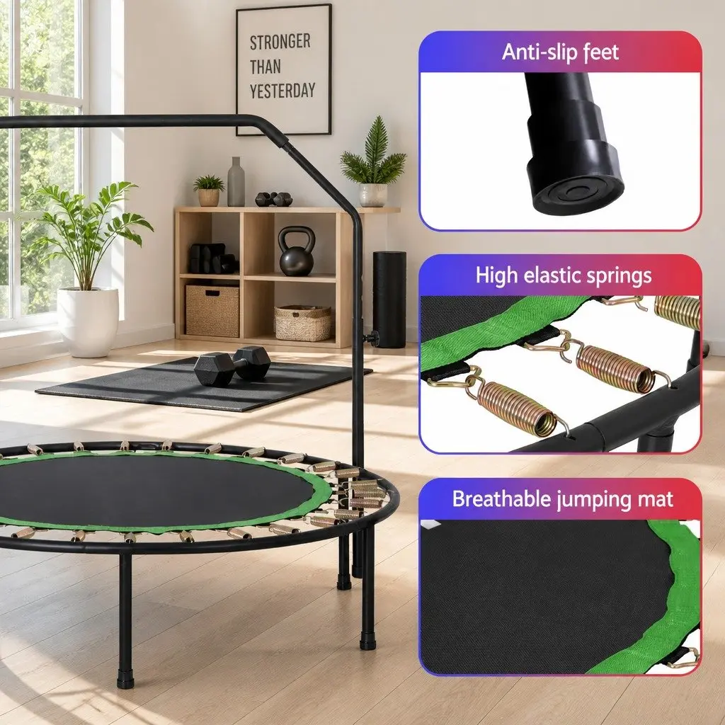 Round Fitness Trampoline 48 Inch Home Gym Exercise Adjustable Handrail Black Green