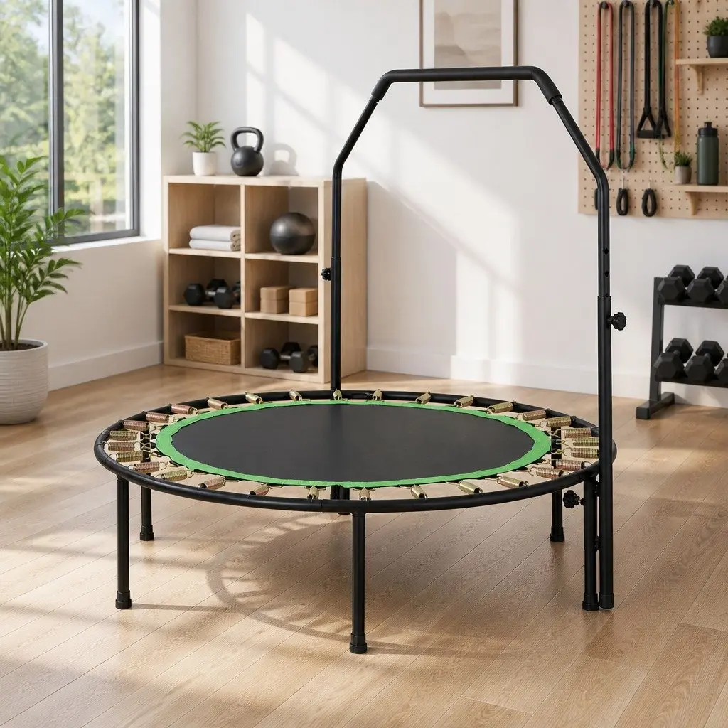 Round Fitness Trampoline 48 Inch Home Gym Exercise Adjustable Handrail Black Green