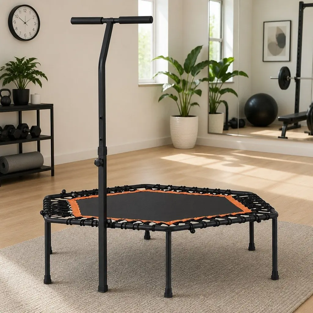 Hexagon Fitness Trampoline 51 Inch Home Gym Adjustable Handrail Black or Orange