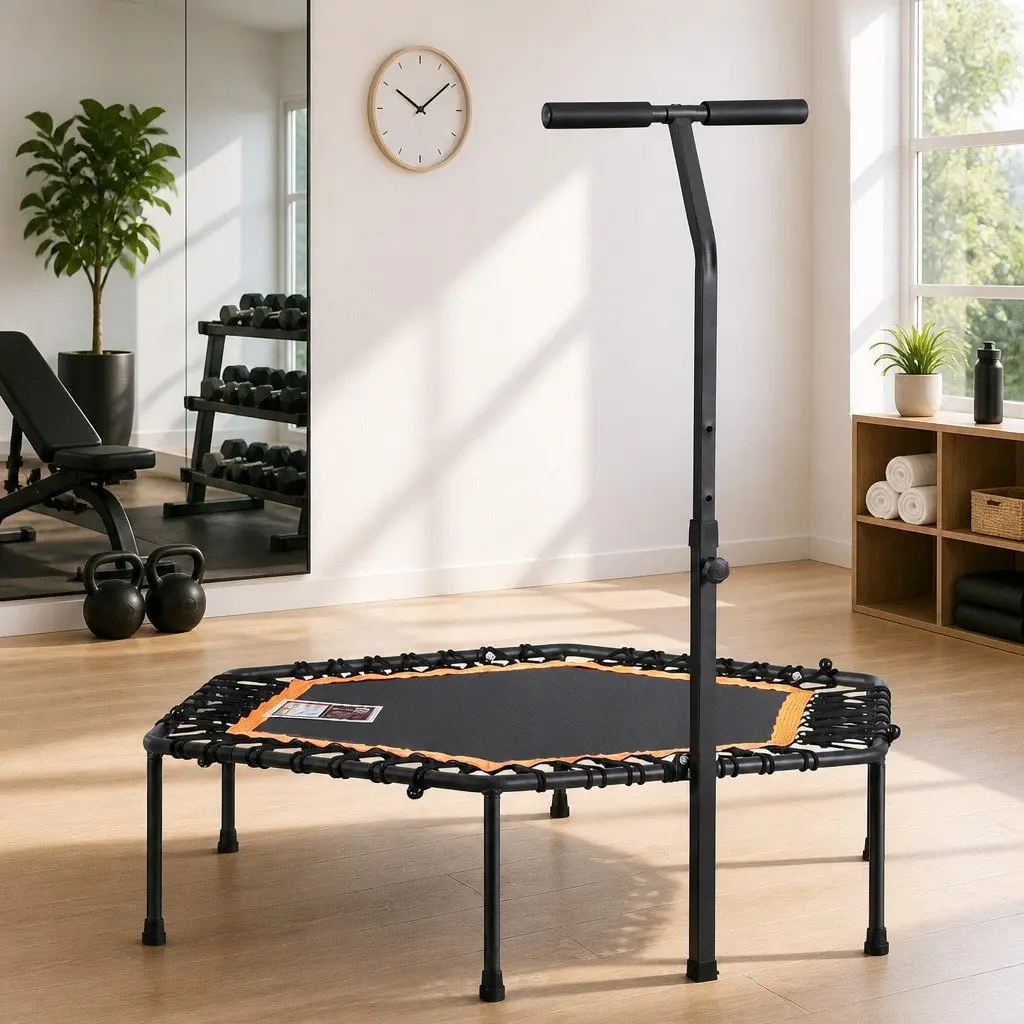 Hexagon Fitness Trampoline 51 Inch Home Gym Adjustable Handrail Black or Orange