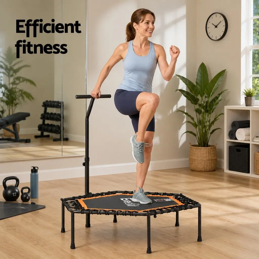 Hexagon Fitness Trampoline 51 Inch Home Gym Adjustable Handrail Black or Orange