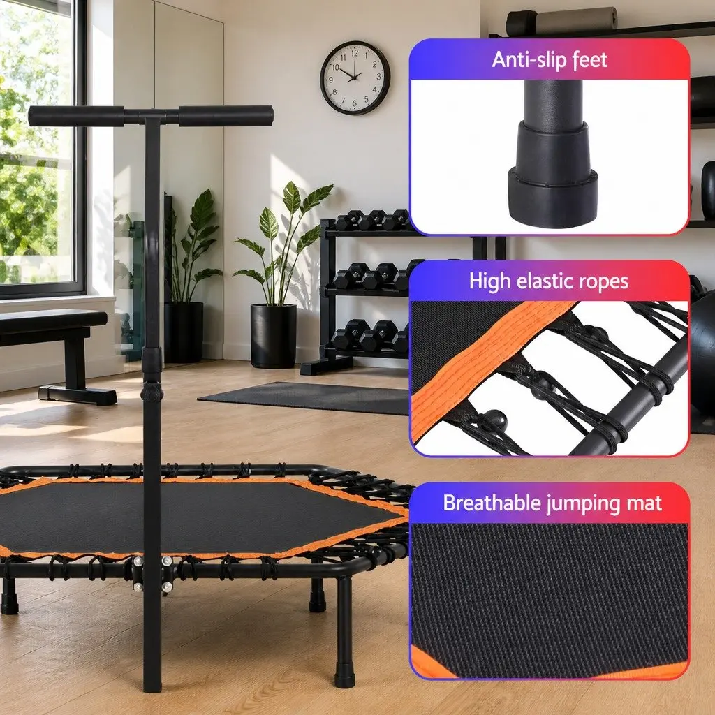 Hexagon Fitness Trampoline 51 Inch Home Gym Adjustable Handrail Black or Orange