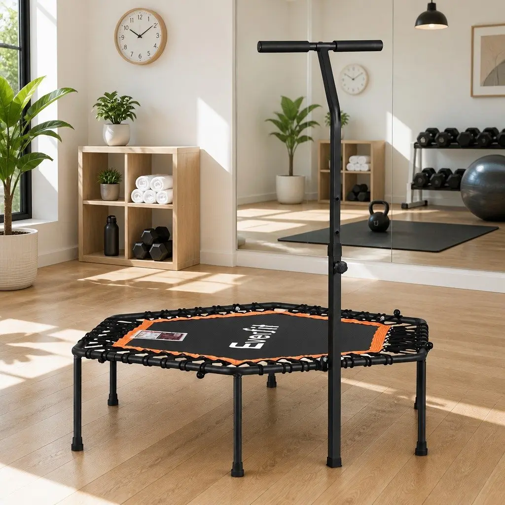 Hexagon Fitness Trampoline 51 Inch Home Gym Adjustable Handrail Black or Orange