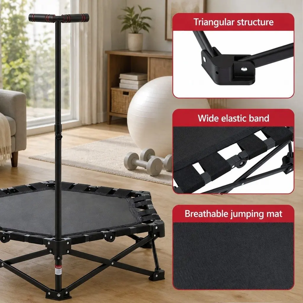 Fitness Trampoline Indoor 42 Inch Adjustable Handrail Foldable Black