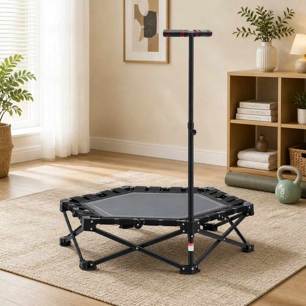 Fitness Trampoline Indoor 42 Inch Adjustable Handrail Foldable Black