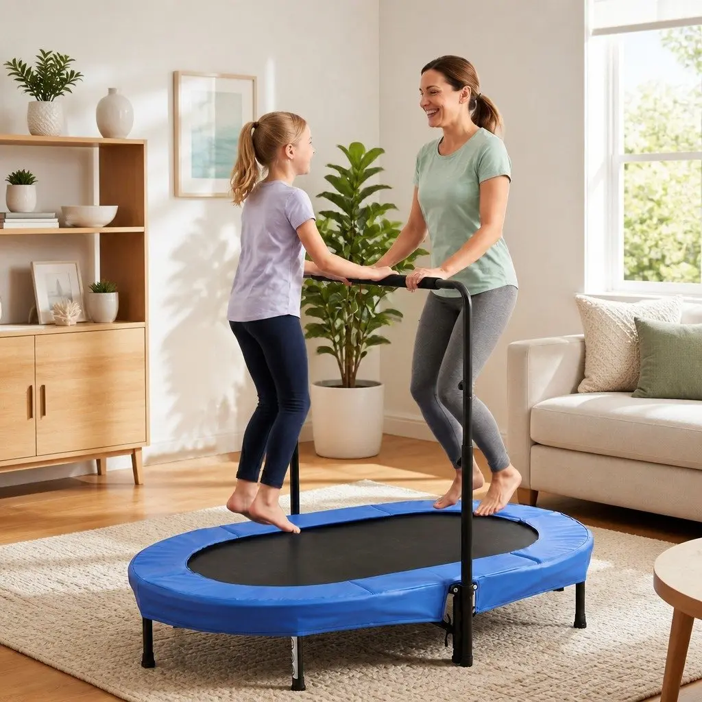 56 Inch Fitness Trampoline Indoor Rebounder Adjustable Handrail Cardio Blue