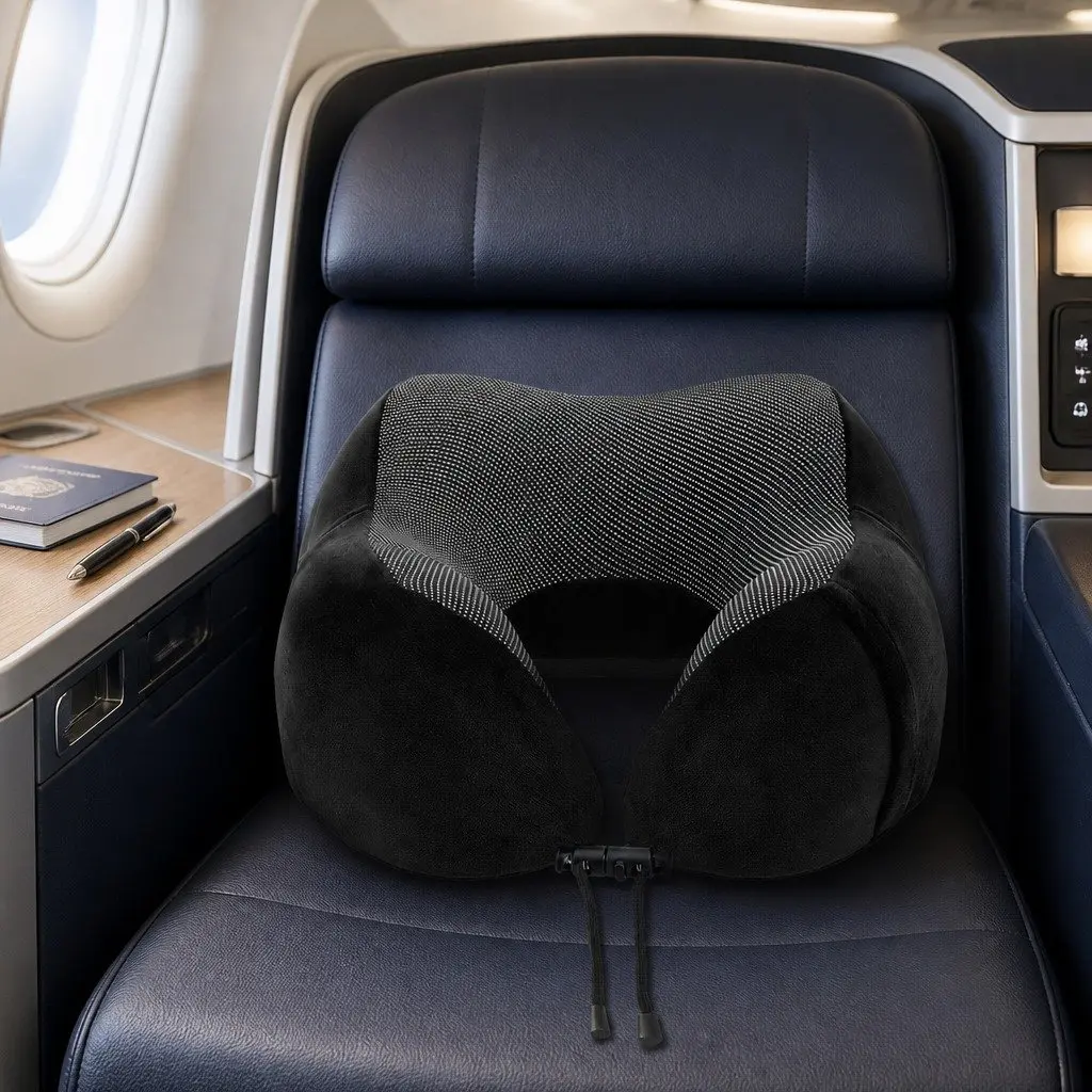 Memory Foam Travel Neck Pillow Ergonomic Support Black
