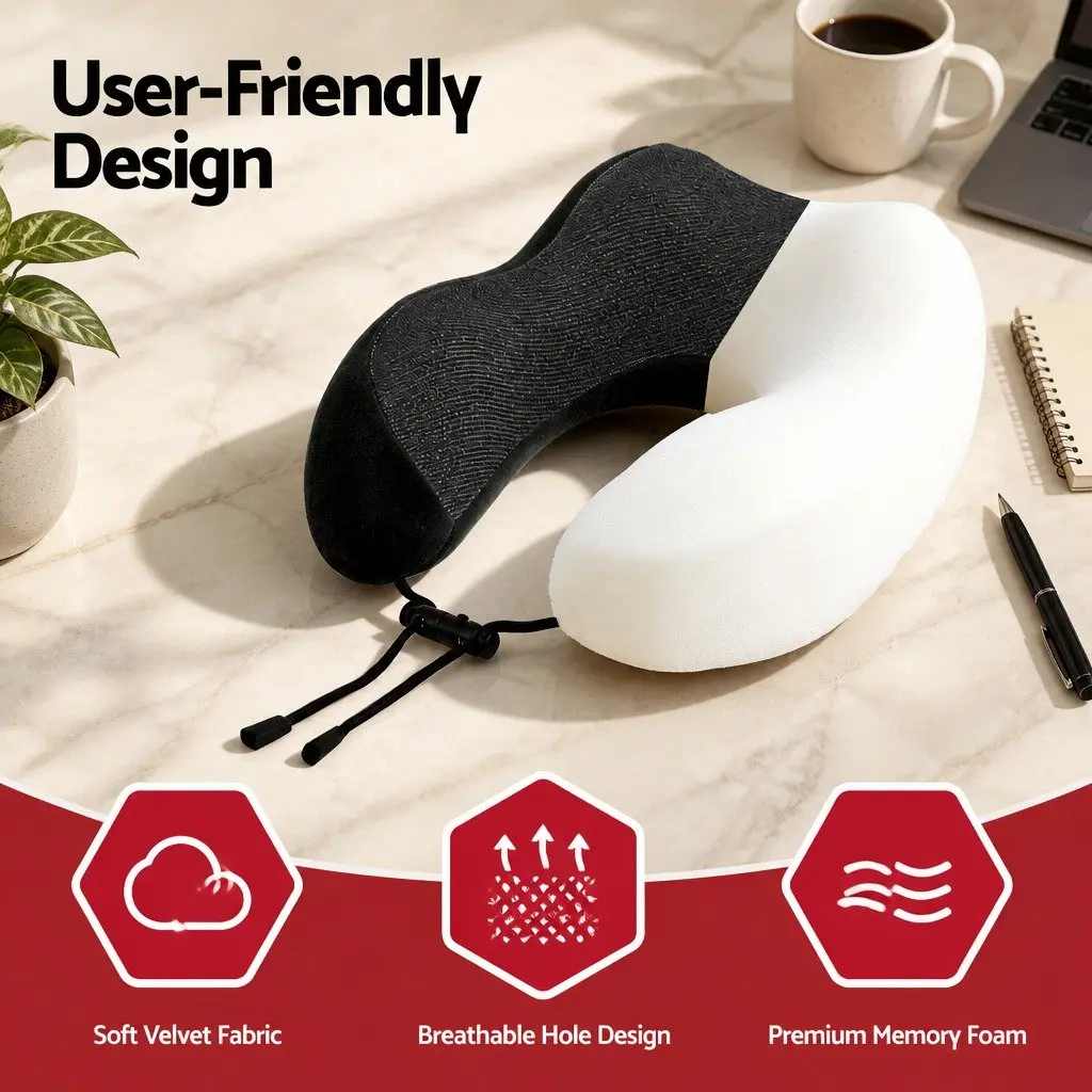 Memory Foam Travel Neck Pillow Ergonomic Support Black
