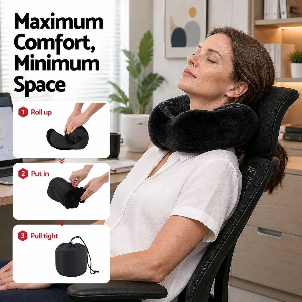 Memory Foam Travel Neck Pillow Ergonomic Support Black