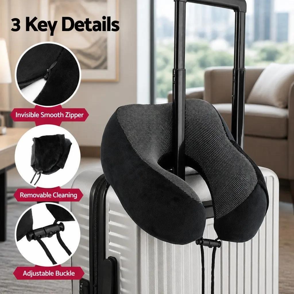 Memory Foam Travel Neck Pillow Ergonomic Support Black