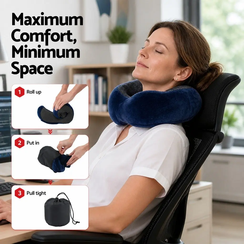 Memory Foam Travel Neck Pillow Blue Ergonomic Portable for Airplane Use