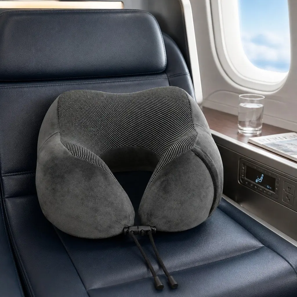 Travel Neck Pillow Memory Foam Grey Portable for Airplane Car Office Use