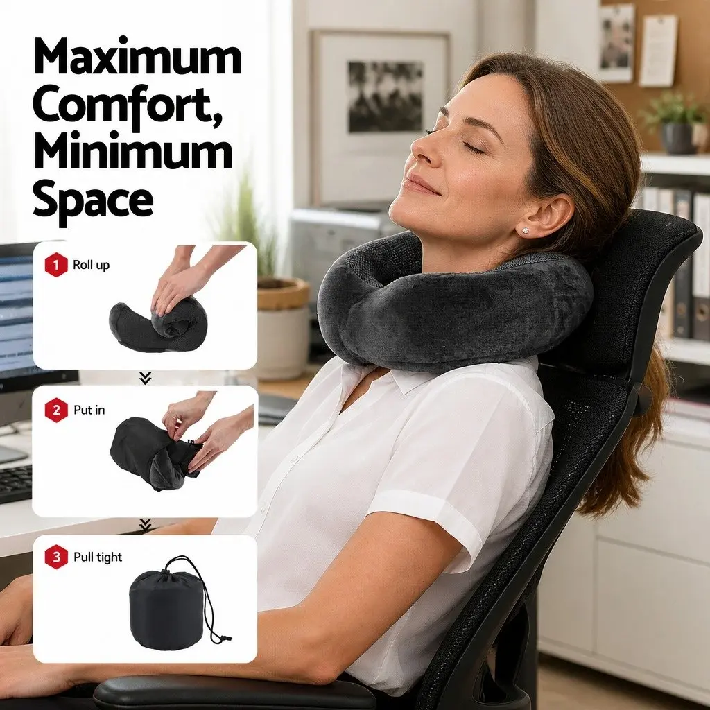 Travel Neck Pillow Memory Foam Grey Portable for Airplane Car Office Use